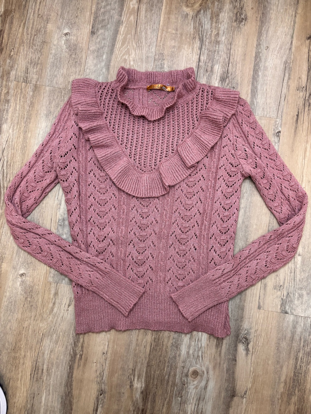 Belldini Dusty Rose Ruffle Neck Pointelle Sweater